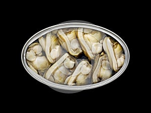Overhead view of a tin can with clams inside.