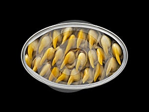 Overhead view of a tin can with cockles inside.