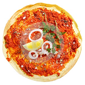 Overhead view of tomato Lahmacun