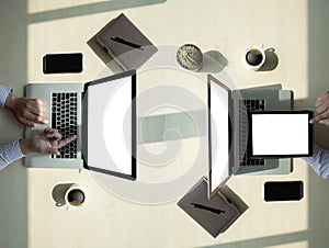 Overhead View top view man Working Desk Concept