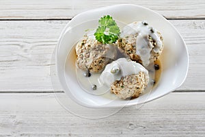 Overhead view of traditional german meatballs photo