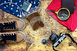 Overhead view of Traveler accessories, Essential vacation item