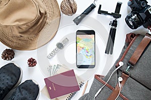 Overhead view of traveler`s accessories, Essential vacation