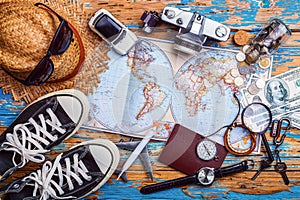 Overhead view of Traveler`s accessories, Essential vacation items, Travel concept background