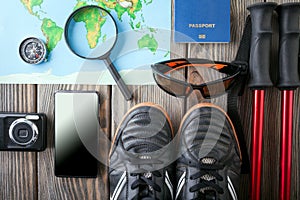 Overhead view of Traveler's accessories, Essential vacation items, Travel concept background.