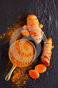 Overhead View of Turmeric Root and Powder