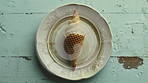 Overhead view of vanilla ice cream cone on vintage plate