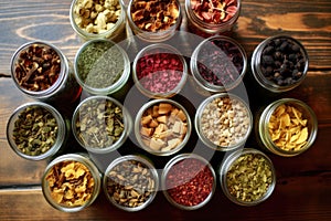 overhead view of various tea blends in individual containers