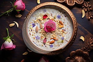 overhead view of vegan kheer in a coconut bowl