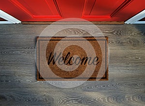 Overhead view of welcome mat outside inviting front door