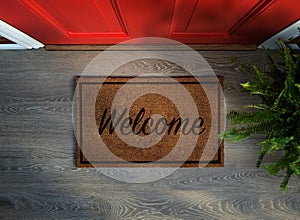 Overhead view of welcome mat outside inviting front door