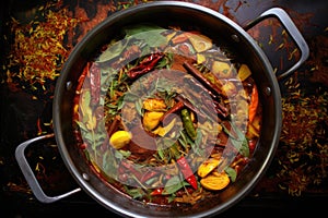 overhead view of wok with simmering curry and spices