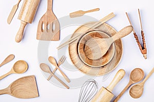 Overhead view of wood utensils, Flat lay photography of wood kit