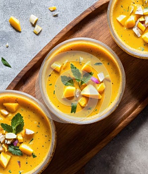 Overhead view of a wooden tray holding glasses of mango lassi, surrounded by bowls of fresh mango chunks and ground