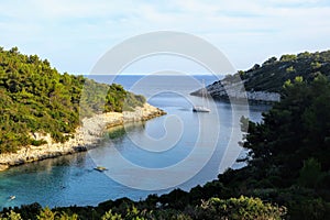 An overhead view of Zitna Beach during a beautiful evening close to sundown, on a wonderfully spectacular bay on Korcula Island photo