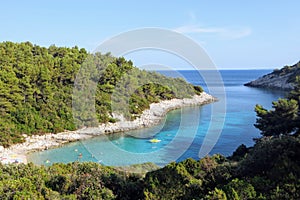 An overhead view of Zitna Beach, on a wonderfully spectacular bay nestled next to the little sea edge town of Zavalatica