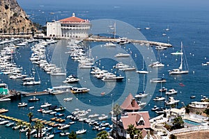 Overhead wide angle view of Avalon harbor and bay