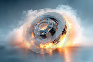 Overheated car disc brake is burning with smoke and fire on dark background