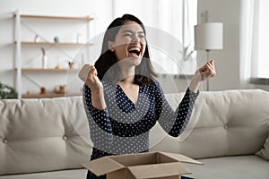 Overjoyed Asian woman received awaited parcel, showing yes gesture photo