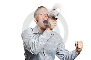 Overjoyed business person shouting with megaphone.