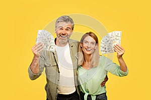 Overjoyed european middle aged couple holding fans of dollar cash, smiling at camera on yellow studio background