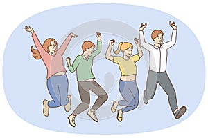 Overjoyed young people jump celebrate success