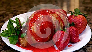 overkill with sweet syrup is poured on a croissant with strawberries and mint color flashes shimmers on delicate