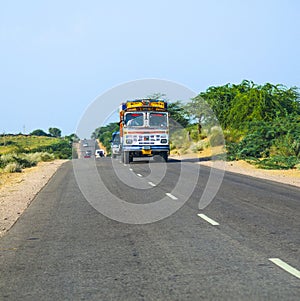 Overland bus at the Jodhpur Highway in Rajasthan, India