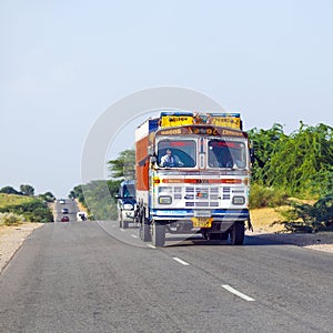 Overland bus at the Jodhpur Highway in Rajasthan, India