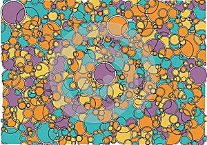 Overlapping circles of various sizes create an abstract pattern. The circles are colored orange,