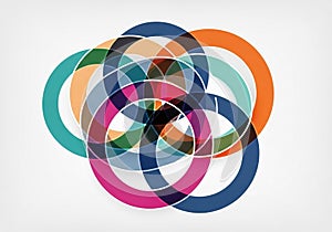 Overlapping colorful circles create a complex, geometric pattern against a white background. The