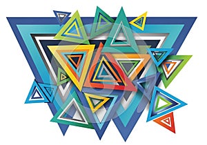 Overlapping geometric triangles in various sizes create a colorful, abstract composition. The