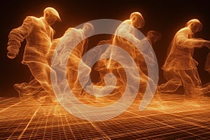 Quantum superposition visualized as multistate human floating above glowing atomic grid