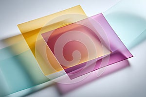 Overlapping translucent colored acrylic sheets on white background