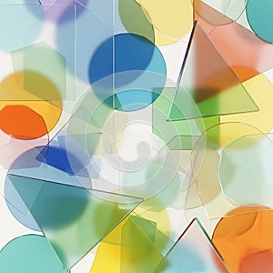Overlapping translucent shapes, including circles, triangles, rectangles, and hexagons,