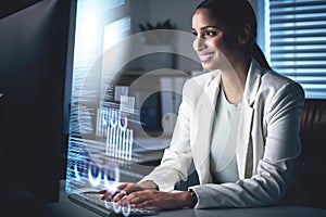 Overlay, night and computer with business woman in office for research, software and programmer. Digital, analytics and