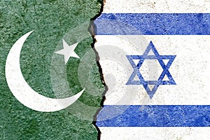 Overlay of the Pakistani and Israel flags on a weathered cracked wall background.