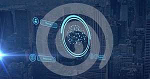Overlaying cityscape, digital network interface illustrating artificial intelligence technology