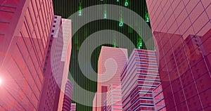 Overlaying digital binary code on modern skyscrapers in futuristic cityscape