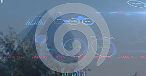 Overlaying interface on triangular skyscraper with progress indicators pie bar line charts, strings