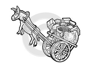 Overloaded donkey sketch raster illustration