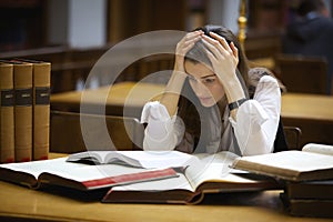 Overloaded student in library photo