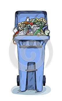 Overloaded trash bin, full color sketch hand drawn