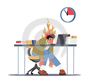 Overloaded Worker Deadline Stress Concept. Burned Down Businessman in Depression Sitting at Office Desk with Papers Heap