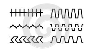 Overlock embroidery seamless elements. Sewing stitches zigzag. Vector. Set of machine thread sew brushes