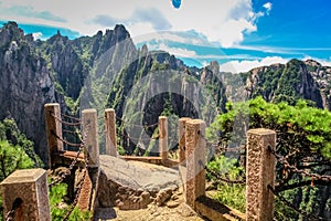 Overlook with chains and stone posts in Huang Shan