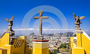 Overlook Cross Angels Iglesia Nuestra Senora Remedios Volcanos Cholula Mexico photo