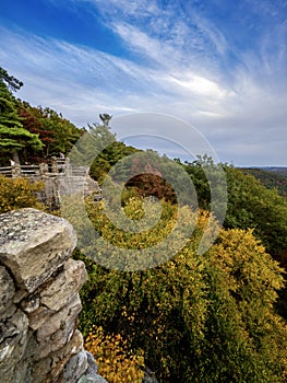 Overlook of the mountains and the fall foliage at Coopers Rock State Forest in West Virginia with the sunset golden sky one