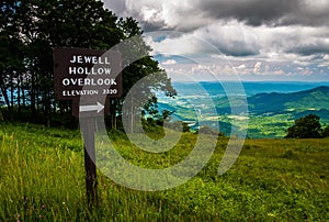 Overlook sign and view on Skyline Drive in Shenandoah National P