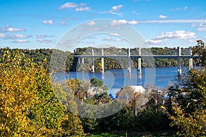 Overlook in Stillwater Minnesota in the fall looking over the St. Croix Crossing, an extradosed bridge spanning the St. Croix